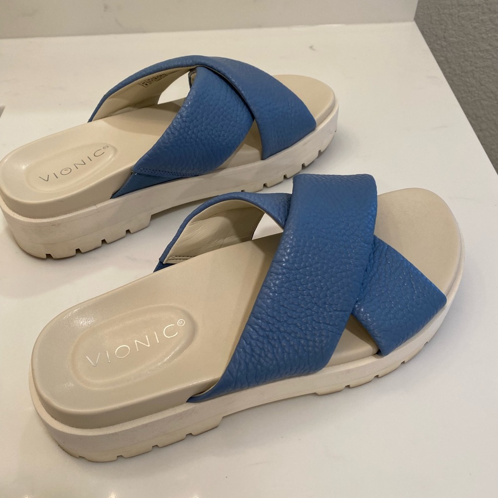 Vionic Women's Blue and Cream Wedge Sandals